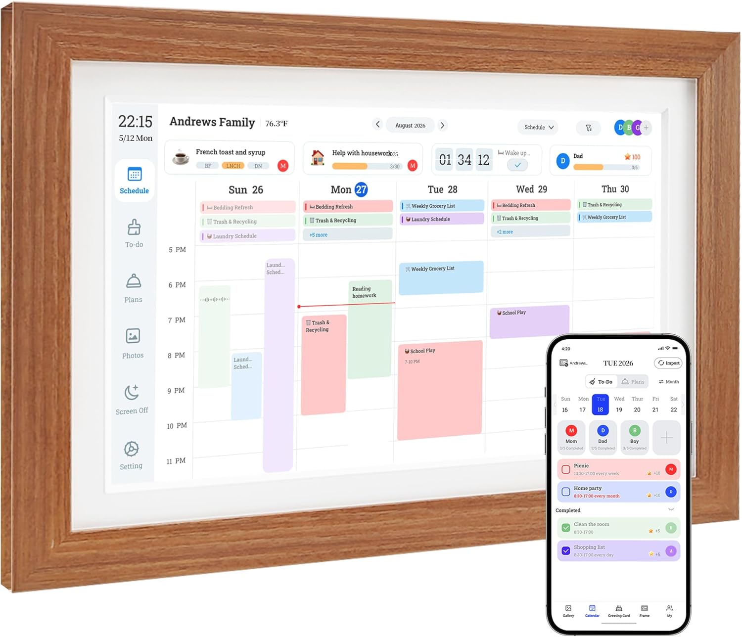 Digital Calendar & Smart Chore Chart, 10.1'' Touchscreen Family Organizer with Multi-Calendar Sync, Reward System, Photo Frame Mode, Desk or Wall Mount, Teak, No Subscription