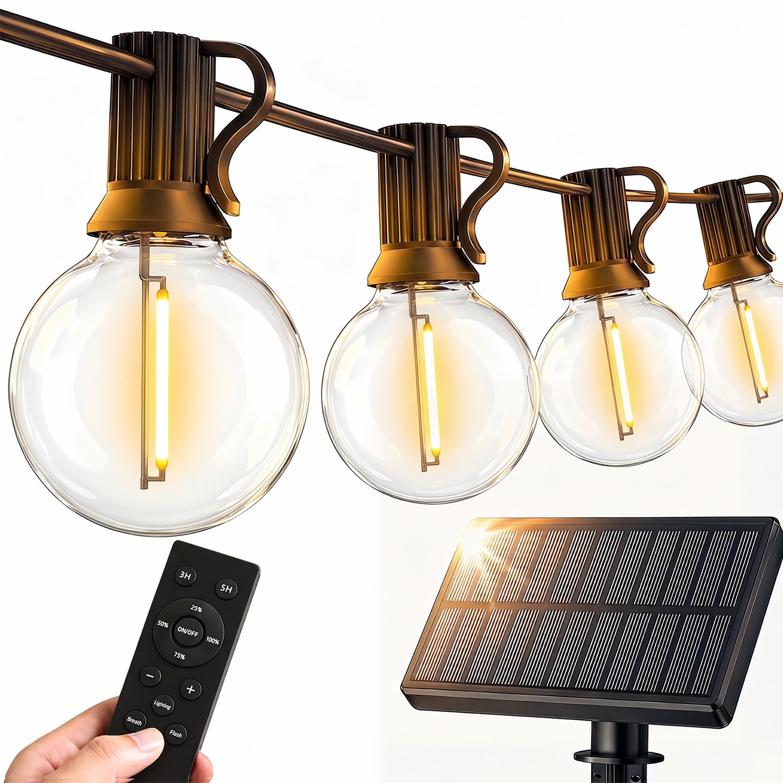 Guirlande lumineuse solaire d'extérieur étanche G40 avec télécommande, minuterie à intensité variable, 3 modes d'éclairage pour porche, cour, jardin, camping