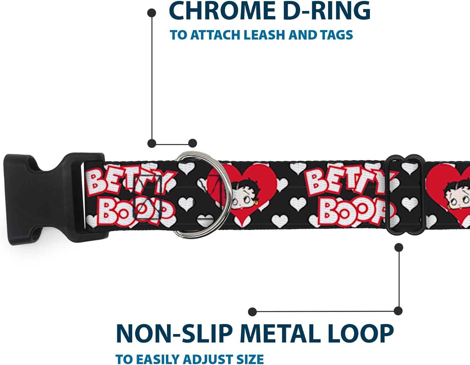 Fleischer Studios, Inc. Pet Collar, Dog Collar Plastic Buckle, Betty Boop Face and Text Hearts Black White Red, 20 to 31 Inches 1.5 Inch Wide