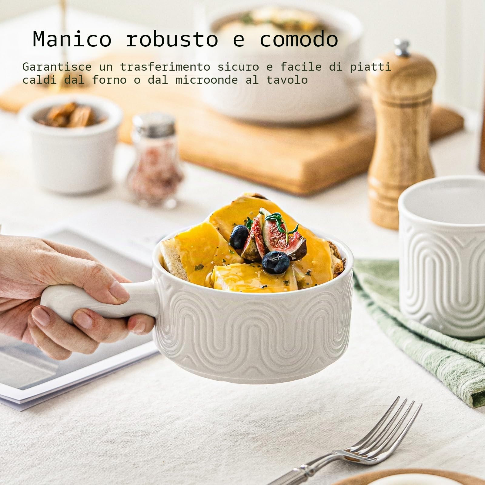 INSETLAN Set di 4 ciotole da zuppa con manico, 510 g, ciotole per zuppe, peperoncino, stufato di manzo, resistenti alle scheggiature, lavabili in lavastoviglie e adatte al microonde
