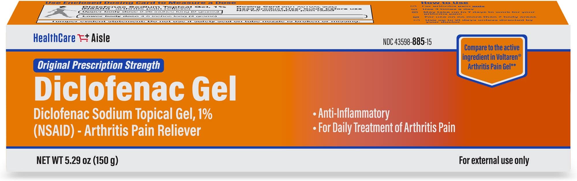Diclofenac Gel, 1%, Arthritis Pain Relief - 150 g tube - Original Prescription Strength (NSAID)