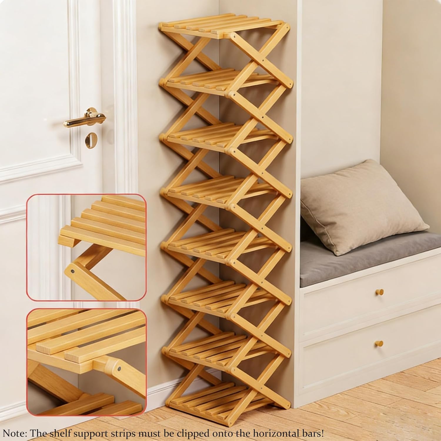 The 9-Tier No-Assembly Bamboo Rack, 2/4/6/8/10 Accordion Bamboo Shoe Rack Organizer, No Assembly, Foldable Space-Saving for Entryway Closet Dorm (Natural,4nd Floor)