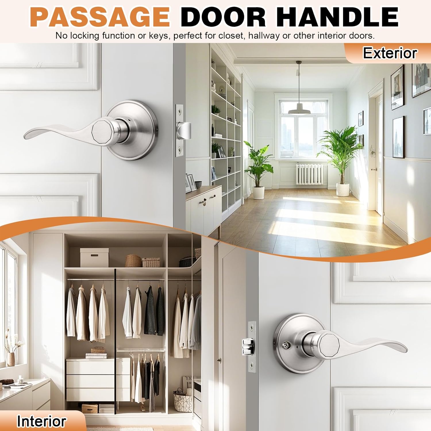 Probrico Interior Brushed Nickel Door Handle, Wave Style Passage Door Handles, Keyless Door Levers Lockset for Closet and Hallway (2 Pack, Modern)