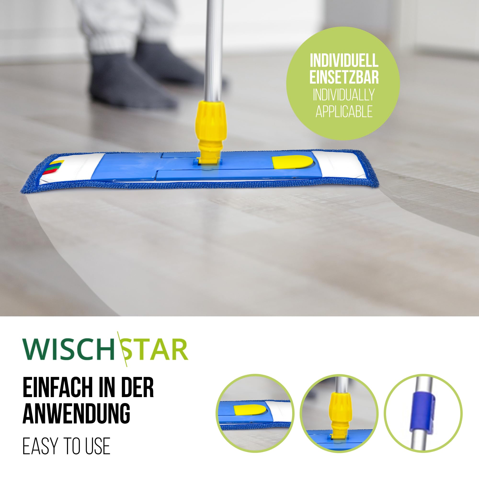 Wisch-Star Wischmopp-Set 50 cm mit verstellbarem Stil 70-140cm | Mit Teleskopstil, Microfaserbezug und Magnetklapphalter, Profi-Qualität für gründliche Reinigung, langlebig & robust
