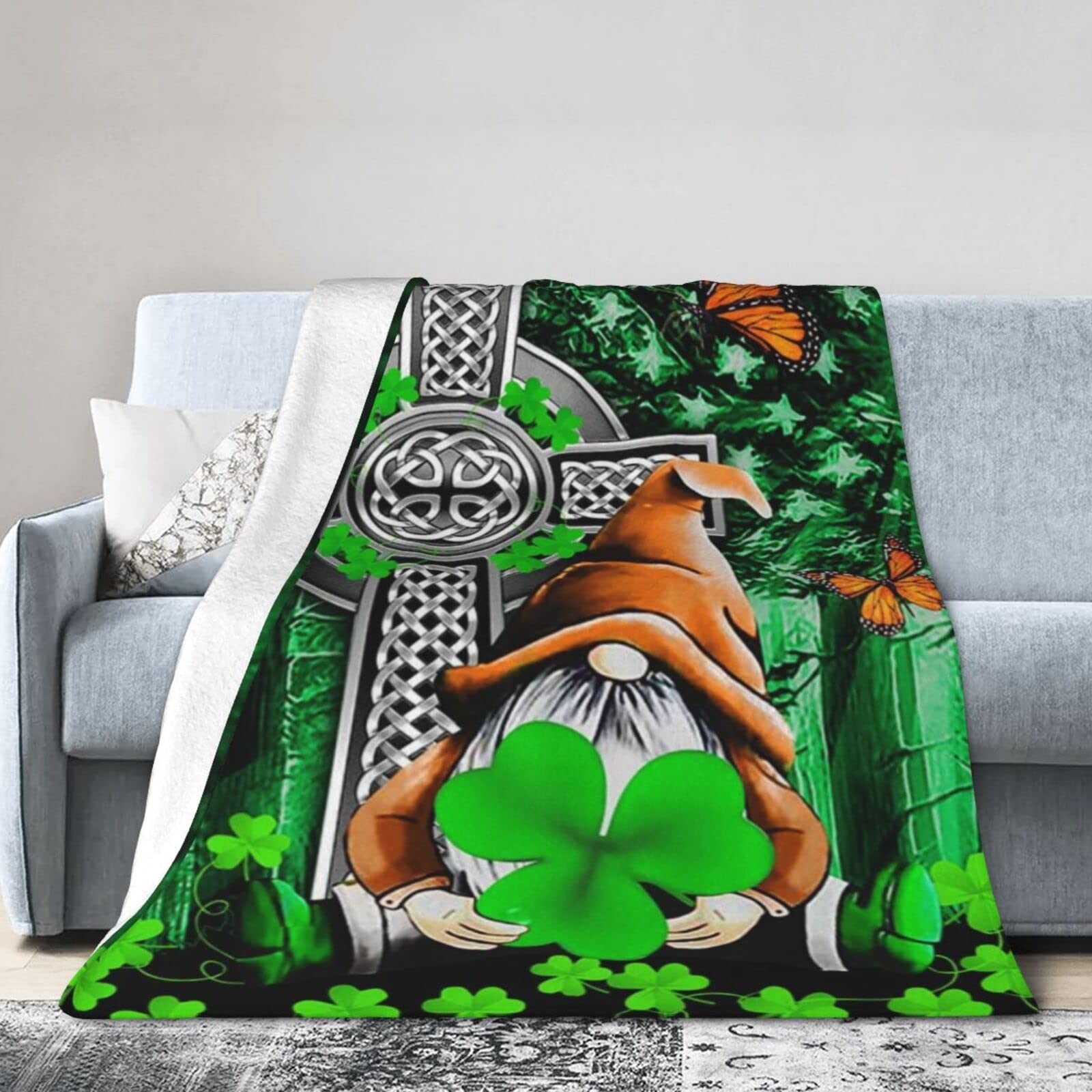 Lsjuee Flannel Fleece Blanket 40"X30" Gnome Irish Cross Bed Throw Blanket Lightweight Ultra-Soft Travel Spring Blankets for Girls Keep Warm