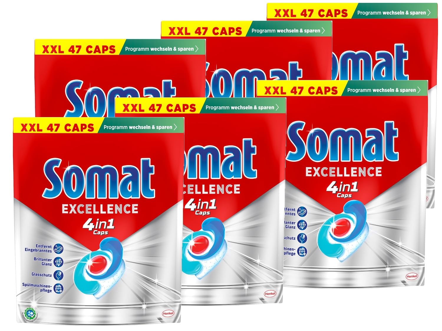 Somat Excellence 4in1 Caps, 282 Caps (6x 47 Caps), schnellauflösende Spülmaschinentabs, Somat Caps für exzellente Reinigung & Glanz sogar im Eco-Programm & bei niedrigen Temperaturen