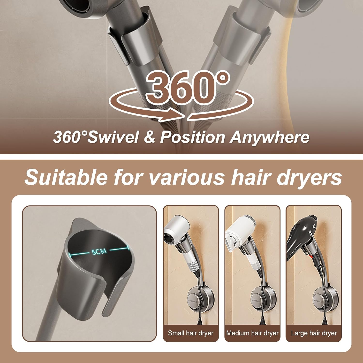 Hair Dryer Stand Hands Free Wall, 360 Adjustable Hose Positionable Arm and strong adhesive Suction Cup Hair dryer storage rack for Ceramic Tile (Grey 1Pack)