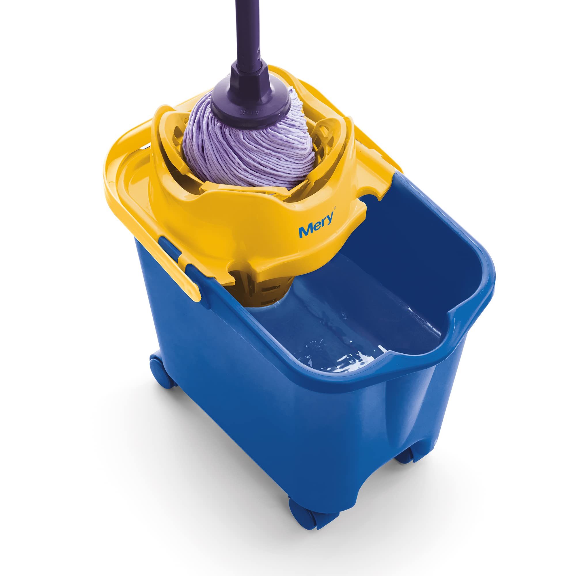 Mery |Cubo para Fregona solidario en colaboración con ACNUR | Escurre sin esfuerzo | Cubo Escurridor Automático | Capacidad 14 Litros | Con ruedas | Azul y amarillo, 38.20 x 25.5 x 39 cm