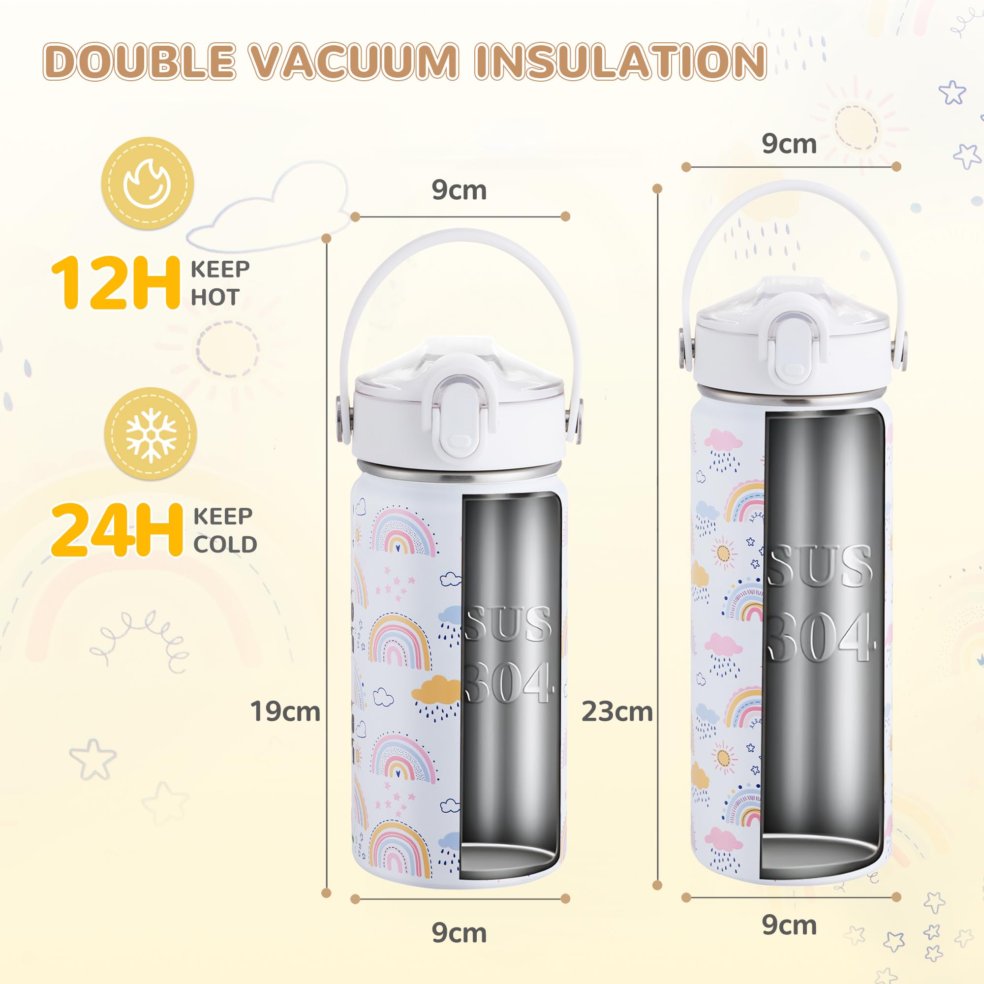 420ml Botella De Agua Aislada Para Niños Con Pajita, Botella Agua Acero Inoxidable, Botella Termica Infantil Frías y Calientes Sin BPA
