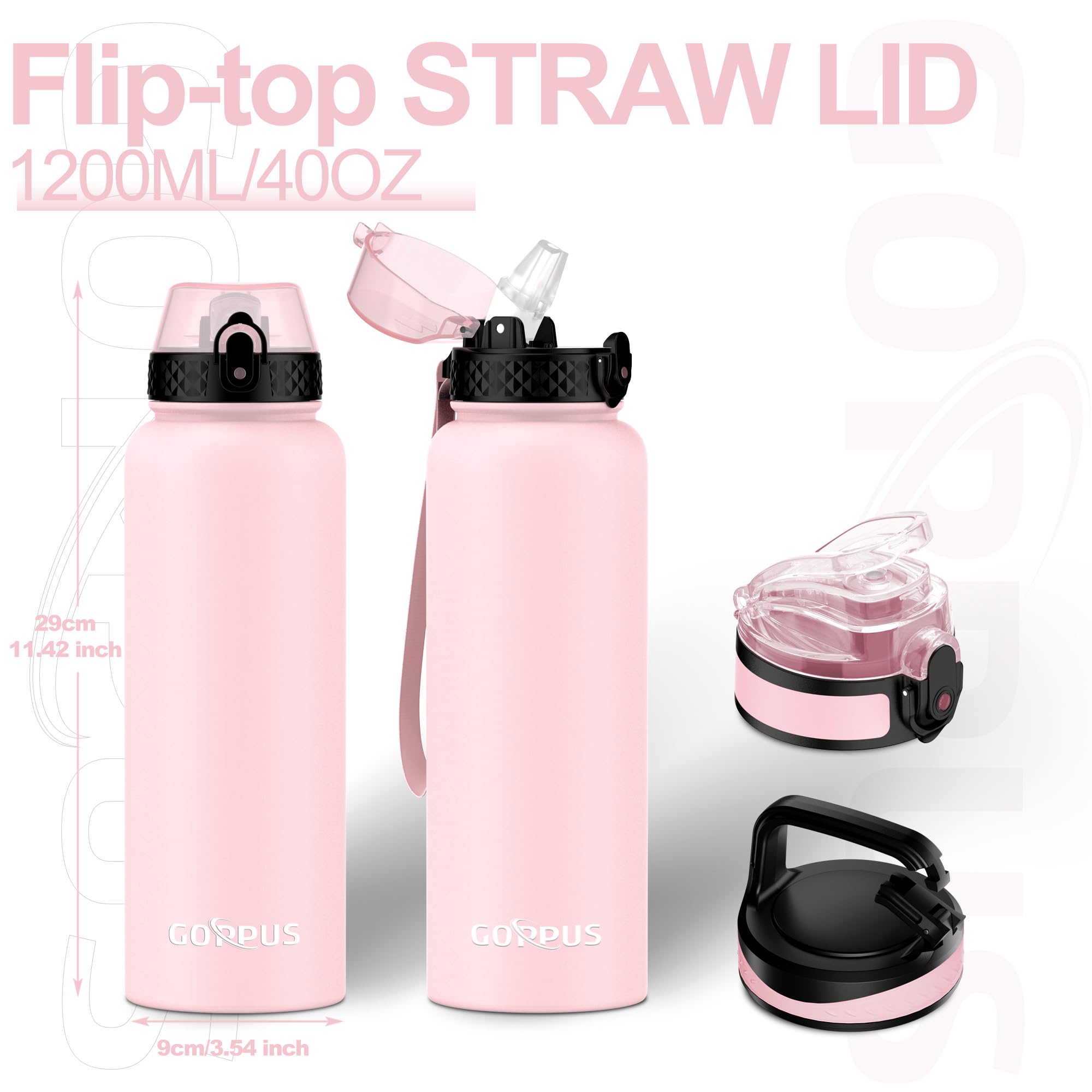 GOPPUS 1.2L/40oz Borraccia Inossidabile con Cannuccia Borraccia per Acqua Termica Fredda Borracce in Acciaio a Doppia Parete Borracce Isolate a Tenuta Stagna Borraccia per Adulti Flip Top