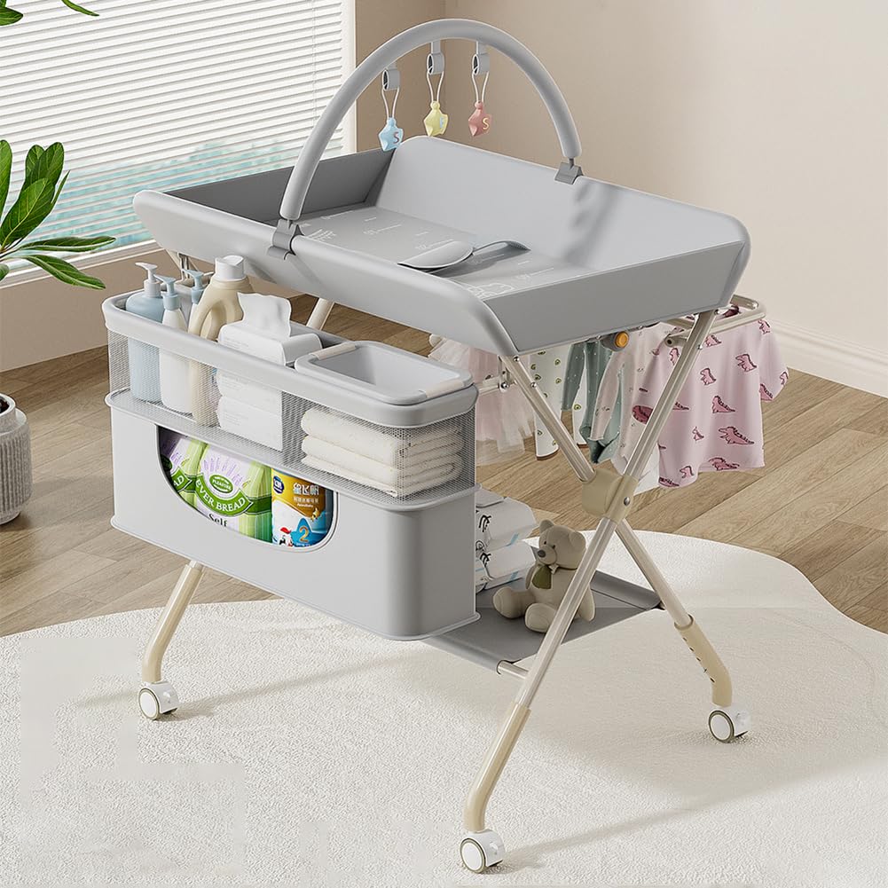 Mueble Cambiador Bebe Plegable con Ruedas,Compartimentos de Almacenamiento y Correa de Seguridad,Altura Ajustable,Móvil Cómoda Cambiador Bebe para Cambiar Pañales y Ropa,Gris