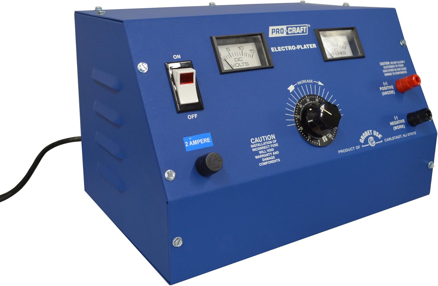 Angled view of the Pro-Craft 10 Amp 110V Rectifier, showing the side profile and front controls. The power cord is visible extending from the rear.