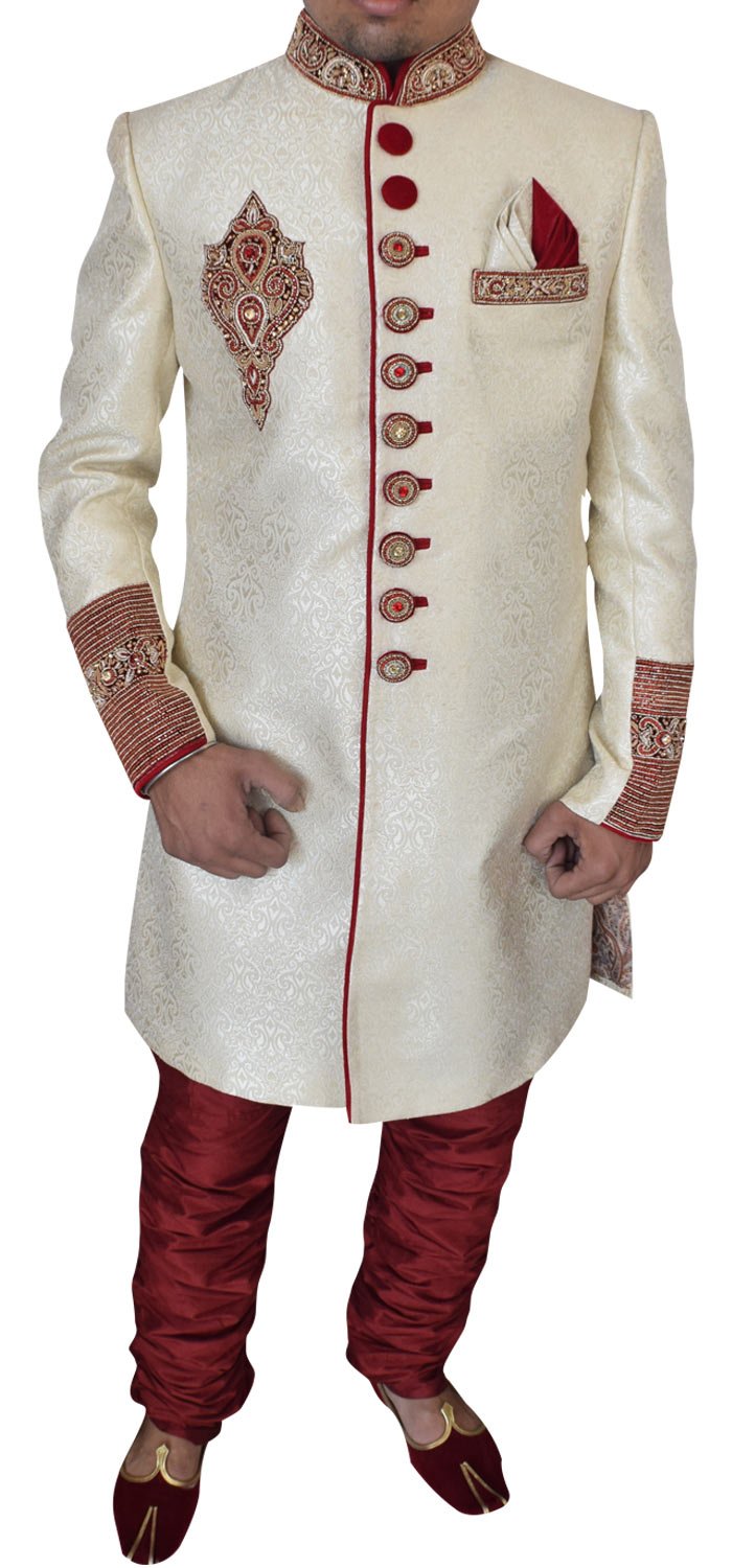 Mens Wedding Cream Brocade Indo-Western INA8116R