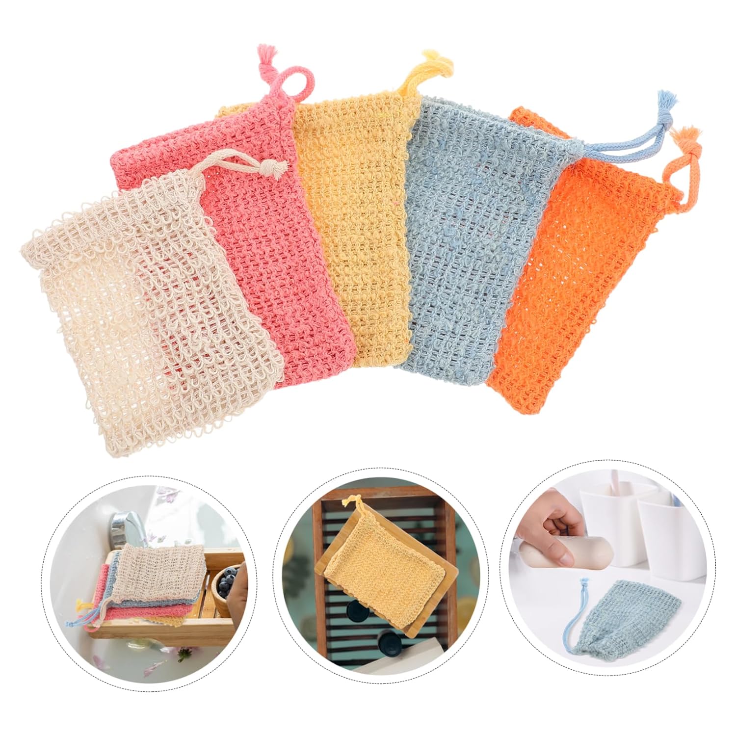 Ipetboom 5pcs Natural and Soap Pouch Multi-function Foaming Net Bags for Bar Soap Facial Cleanser and Exfoliating Colors
