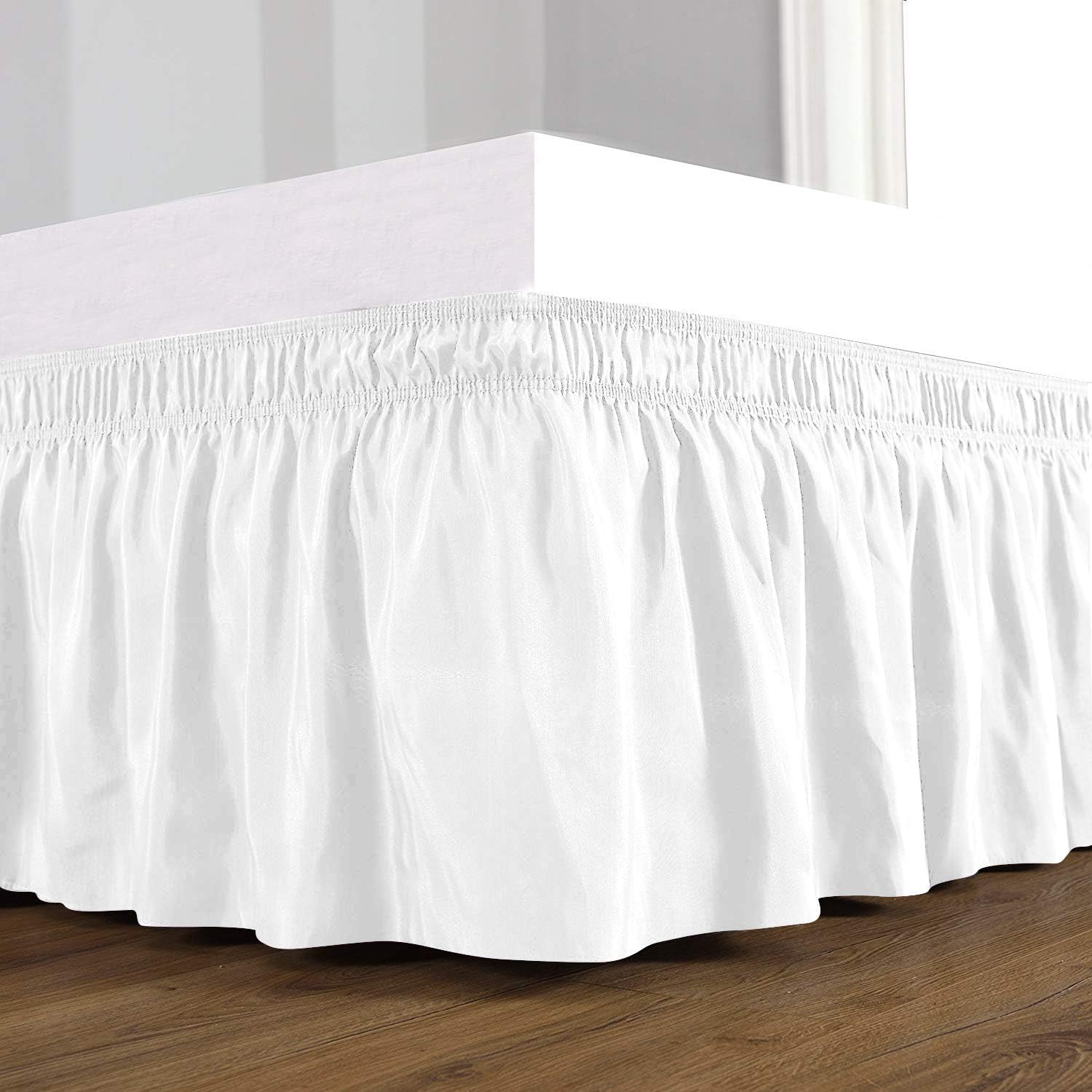 Wrap Around Elastic Bed Skirt, Three Sides Fabric, Cotton 800 TC Dust Ruffle Wrap Around Style, Wrap Bed Skirts (White - Twin XL Size 18" Drop)