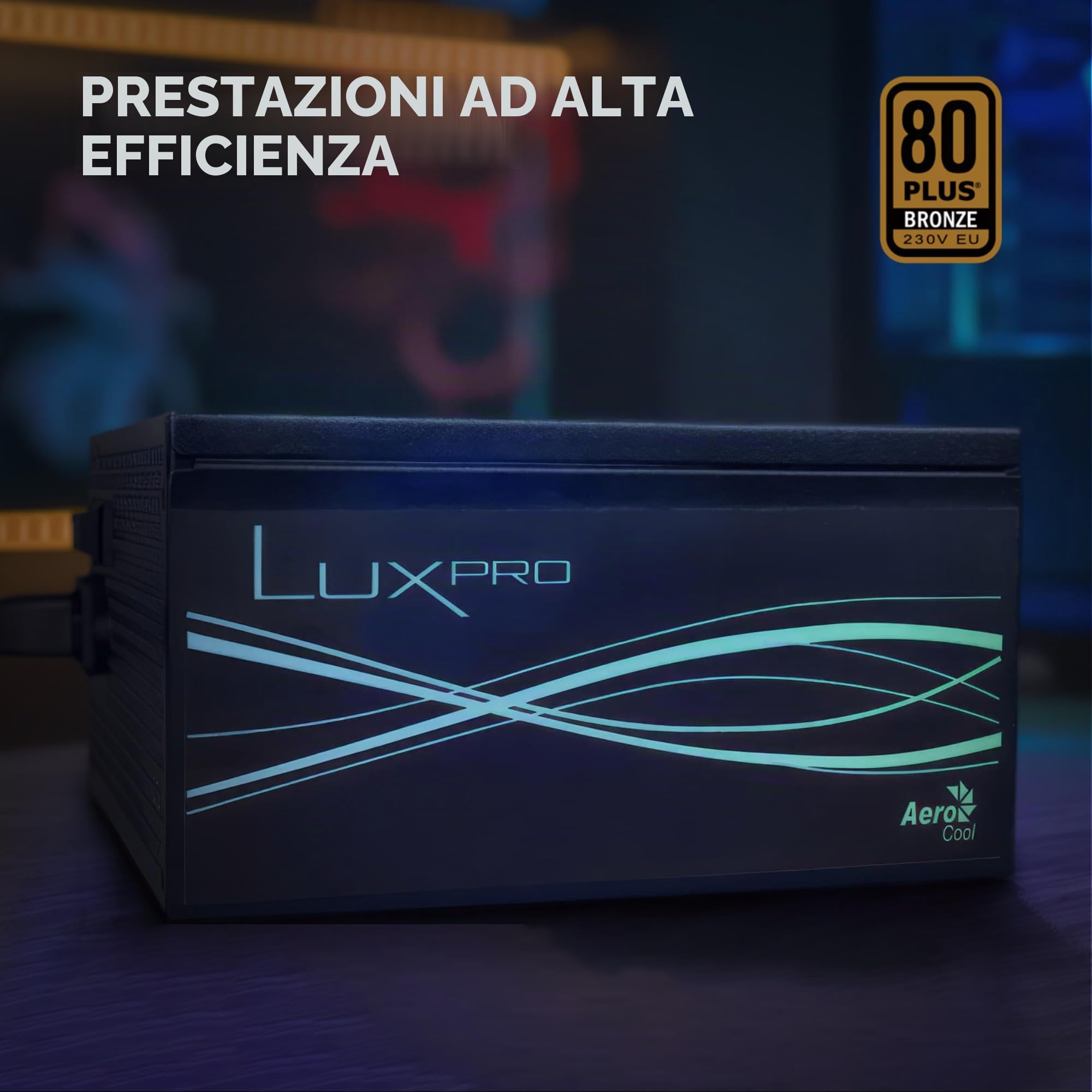 Aerocool LUXPRO850, Alimentatore 850W, 80Plus Bronze 230V Certificato UE, Efficienza +88%, Condensatori Giapponesi 105°C, Ventola APFC 14cm FDB, ATX 3.0 e PCIe 5.0, 5 anni di garanzia, Nero