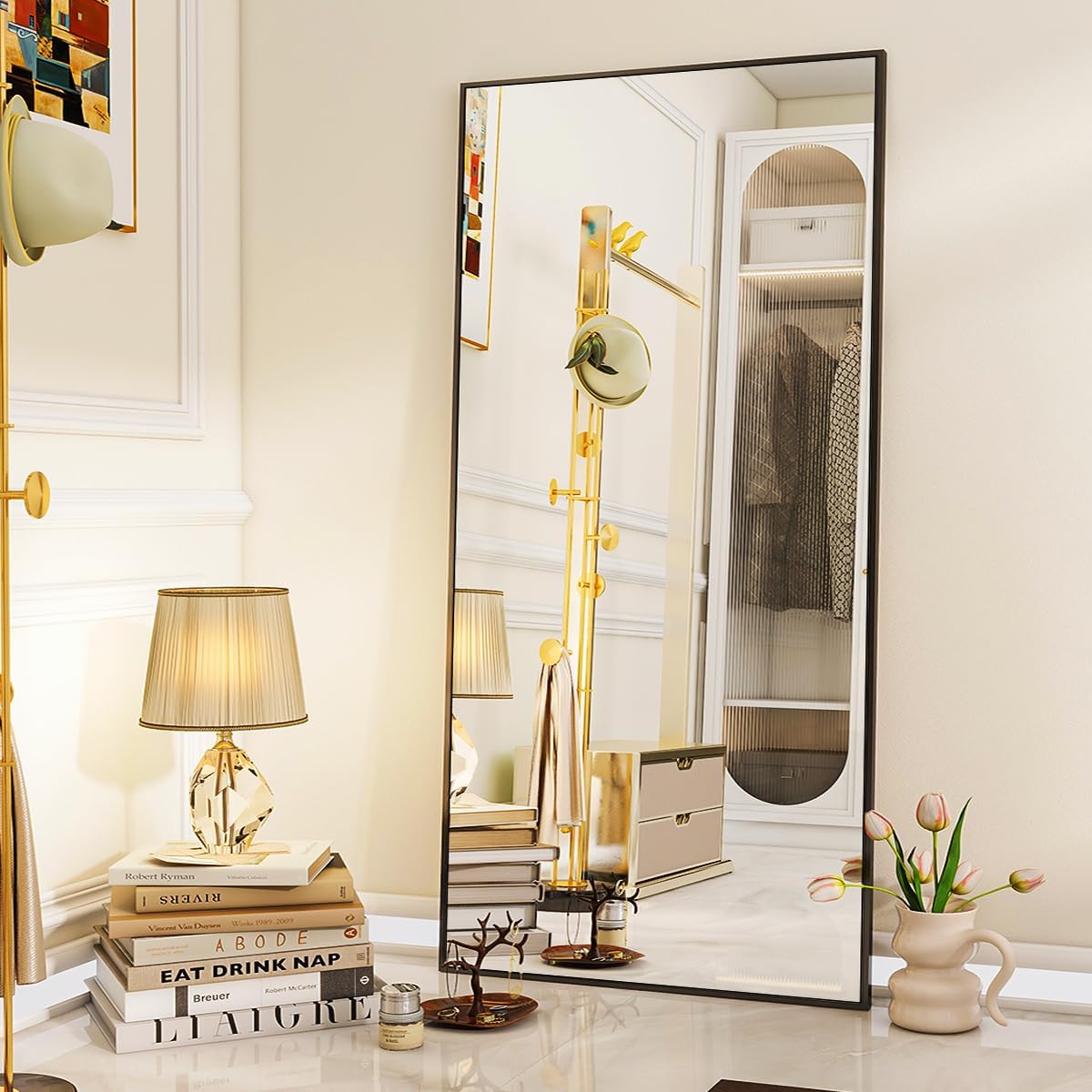 VooBang Mirror Full Length - 21" x 57" Floor Mirror with Stand, Aluminum Alloy Frame Full Body Mirror, Standing Hanging or Leaning Against Wall for Bedroom and Living Room, Black: Black 71"L x 26"W