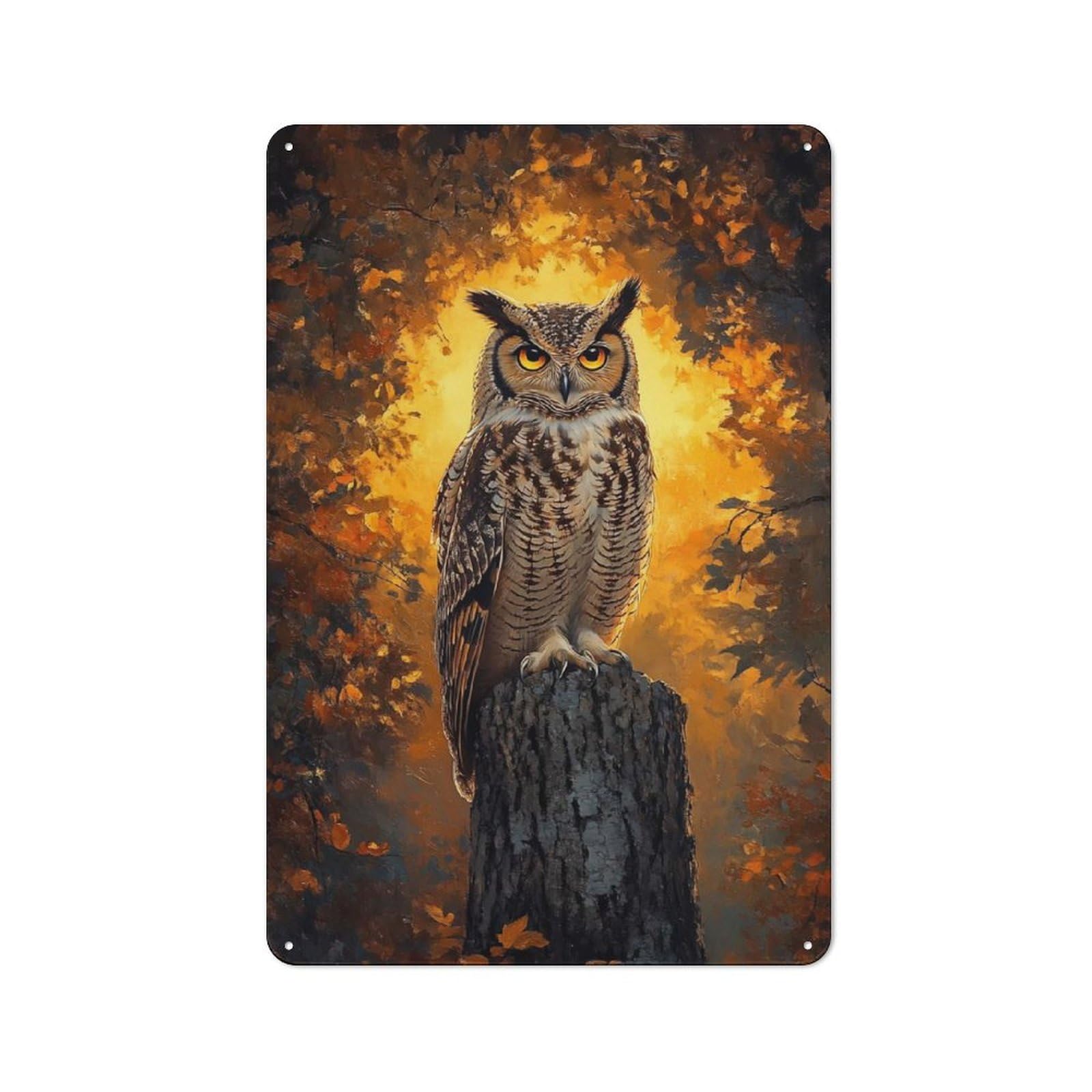 Majestic Eagle Owl in Autumn Printed Tin Plaque for Seasonal Kitchen, Dining Room Or Entrance, Festive Gift for Home Decor Lovers, 30x20cm