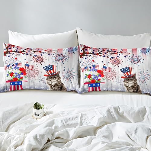 Miniatura 4 de Juego de funda de edredón con diseño de bandera estadounidense para niños, tamaño matrimonial, divertido juego de ropa de cama patriótica con gatos