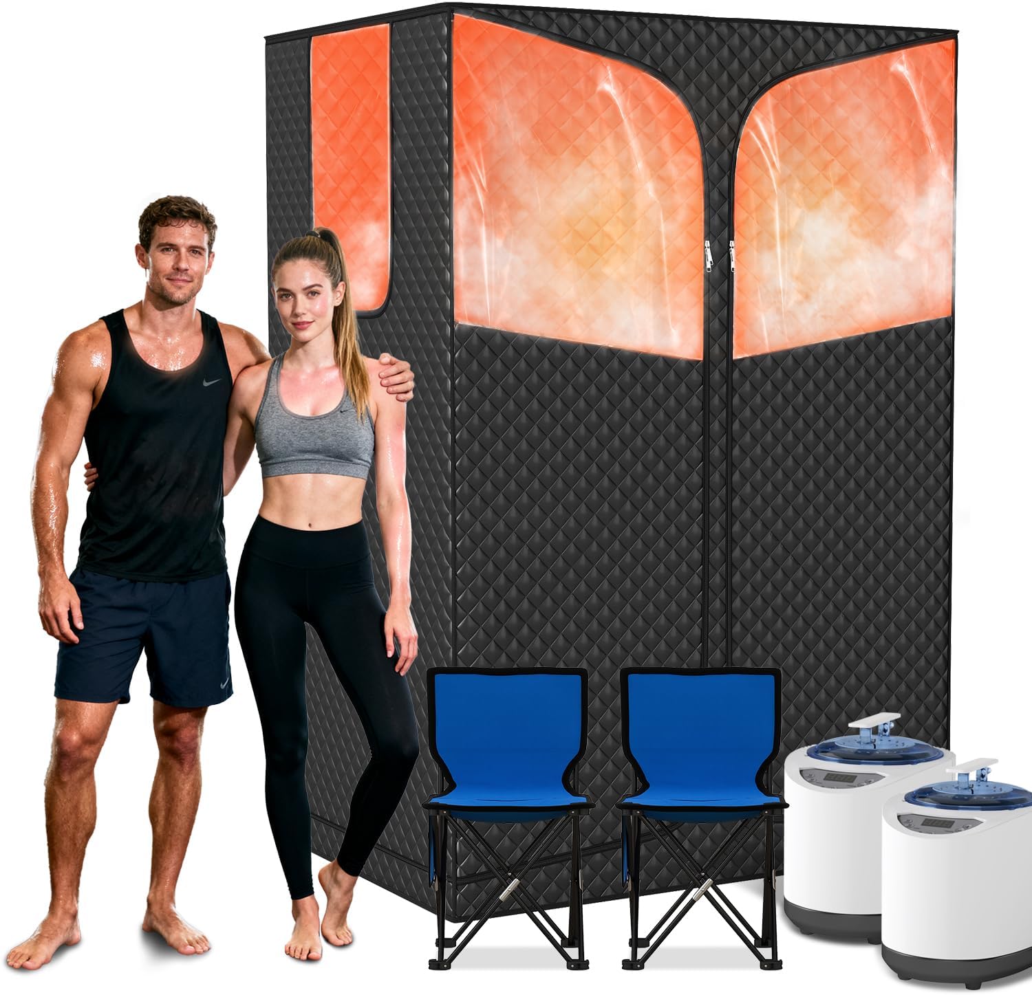 Portable Steam Sauna Box for Home, Sauna Tent with 2 Steam Generators, Remote Control, 9 Temperature Levels, Indoor 2 Person Sauna with 2 Foldable Chair for Home Spa, Black
