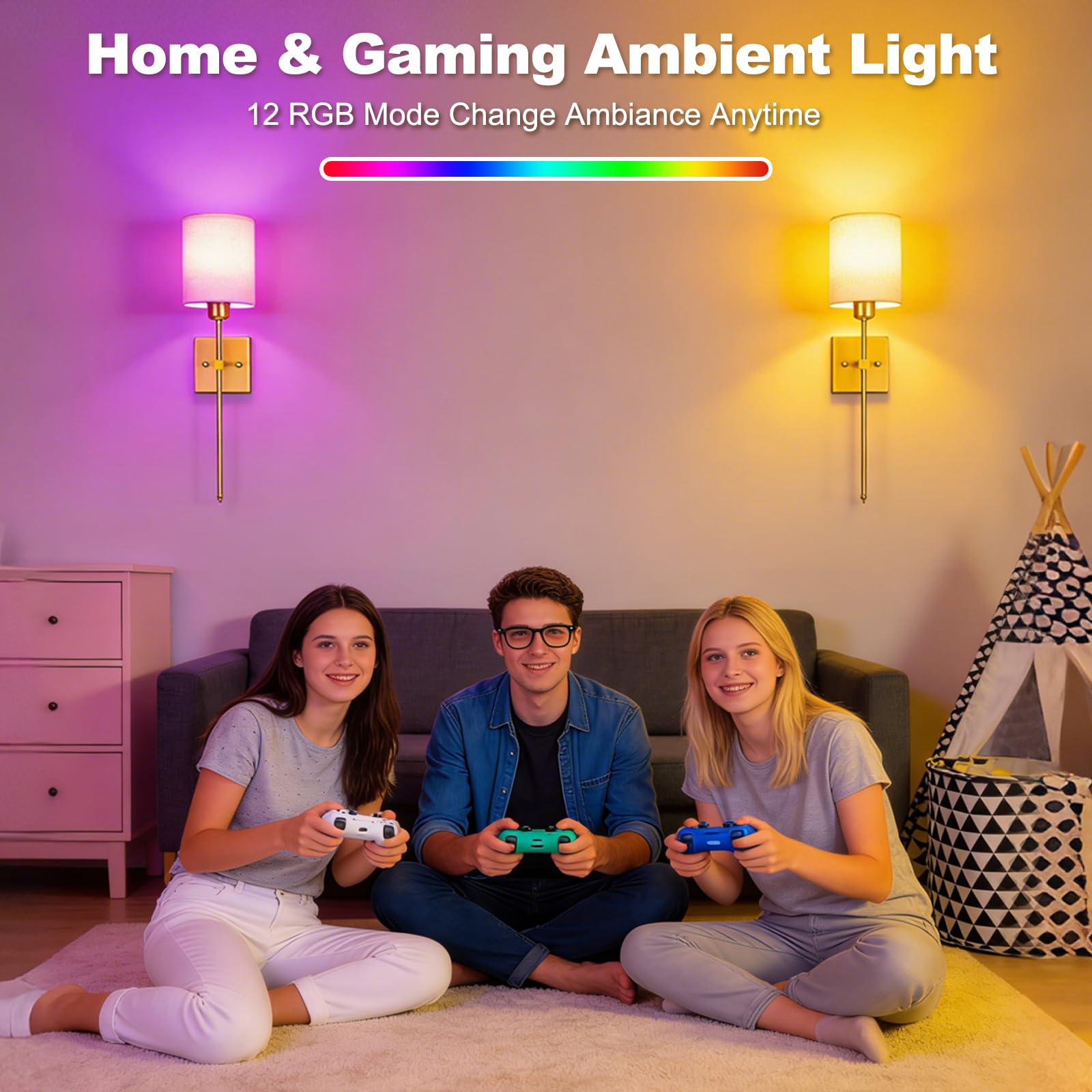 Juego de 2 apliques de pared que funcionan con pilas, luces de pared inalámbricas con control remoto de 5300 mAh, bombilla regulable recargable, 12 colores, apliques de pared inalámbricos