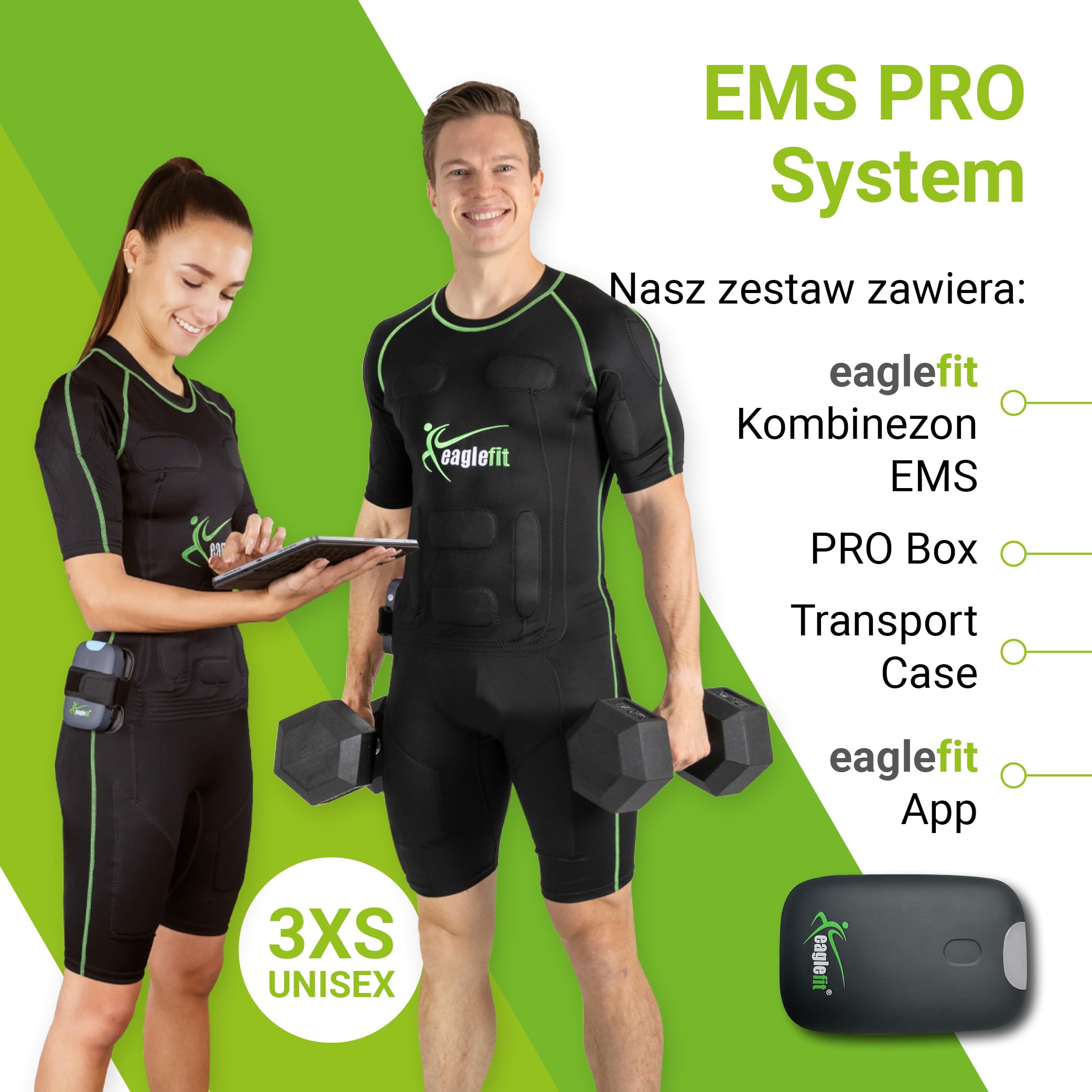 eaglefit - Ems Pants Bezprzewodowy System Kompletny z 14 Elektrodami – Spodnie Treningowe na Brzuch, Nogi i Pośladki – Budowa Mięśni i Stymulator Mięśni dla Kobiet i Mężczyzn z Aplikacją i Powerbox