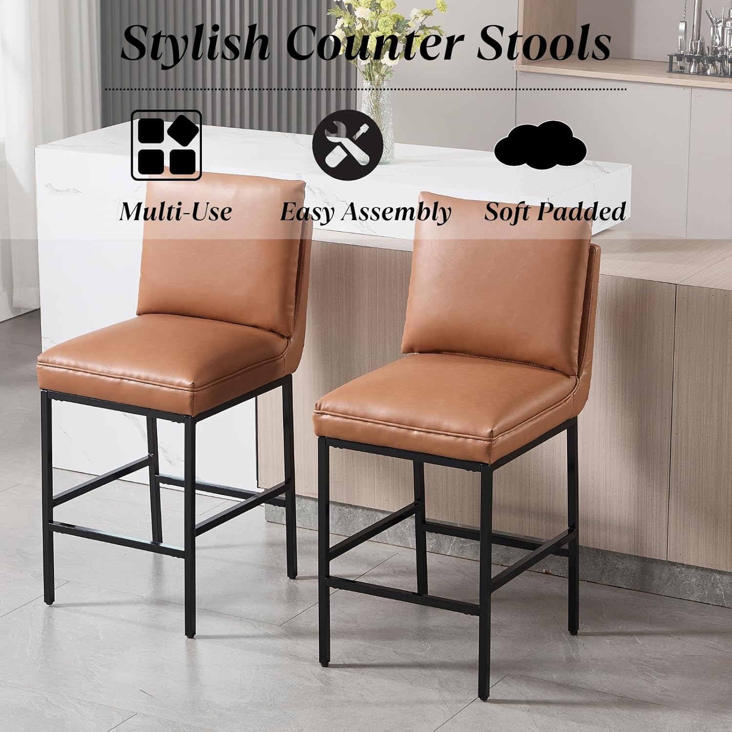 DUOMAY Modern Bar Stools Set of 2, 26.75" Seat Height Counter Height Pub Stools with Metal Legs, PU Leather Upholstered Armless Counter Stools for Kitchen Island Home Bar Dining Room, Brown