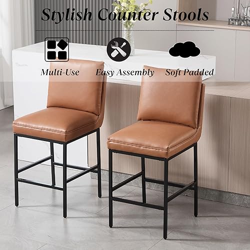 Miniatura 7 de DUOMAY Juego de 2 taburetes de bar modernos, altura de asiento de 26.75 pulgadas con patas de metal, taburetes tapizados de piel sintética sin