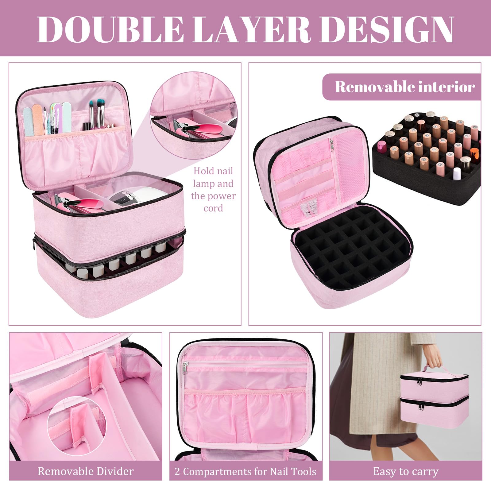 ADERTOS Borsa Porta Smalti a 2 Strati Organizzatore per Smalto Impermeabile Pochette Porta Smalti in Nylon per 30 Flaconi a 15 ml Valigetta Porta Smalti e Lampada Unghie UV, 25*20*19cm, Rosa Chiaro