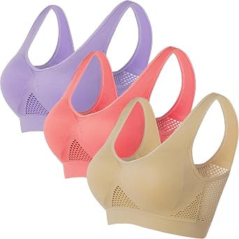 3 PC Women Traceless Yoga Sports Bra Breathable Cool Liftup Air Bralette, Seamless Full Coverage Minimizer Bras