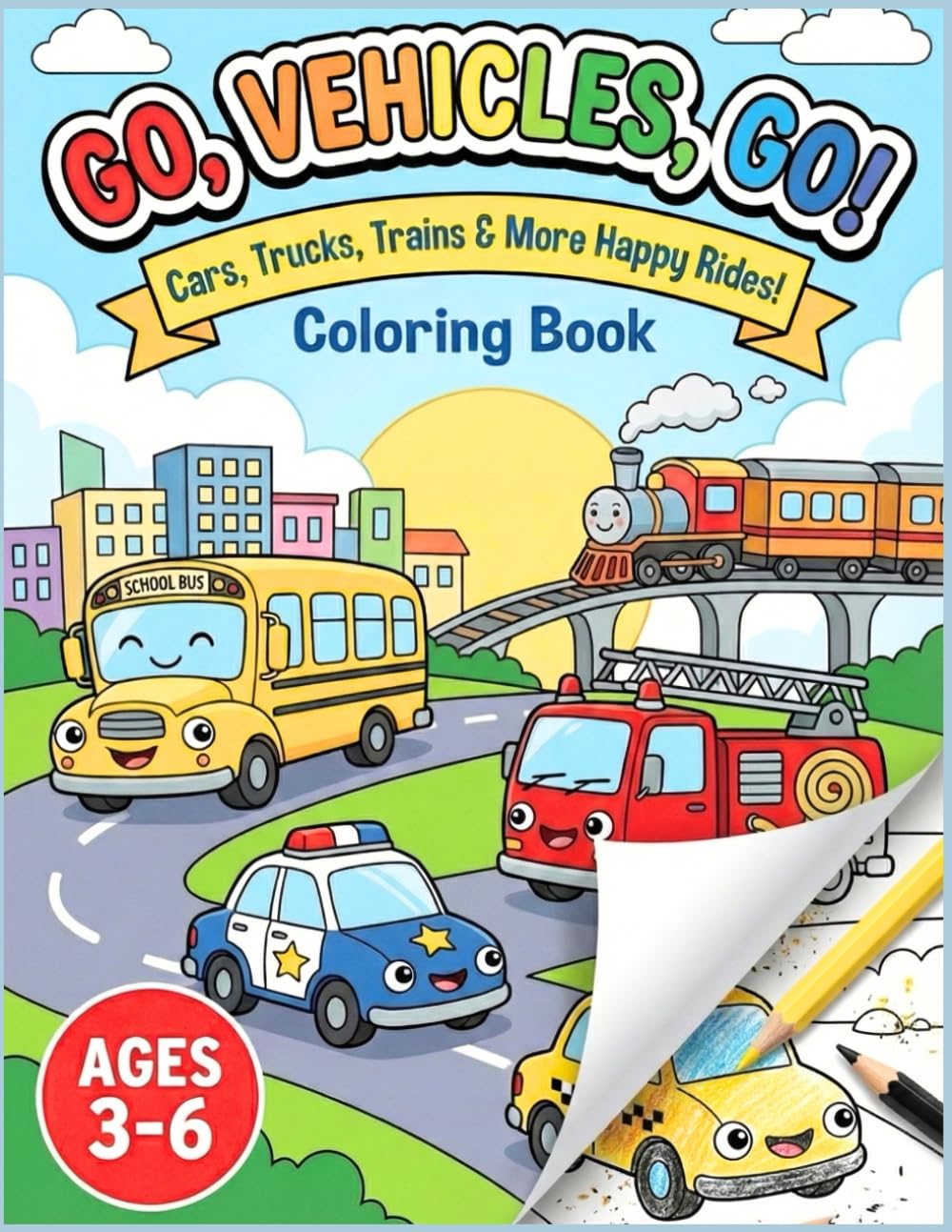 Go, Vehicles, Go! Coloring Book: Buses, Trains, Trams & Happy City Rides! Cute City Transport Activity for Toddlers & Kids Ages 3-6 (Big and Simple Illustrations) (Big Trucks and Cool Vehicles)