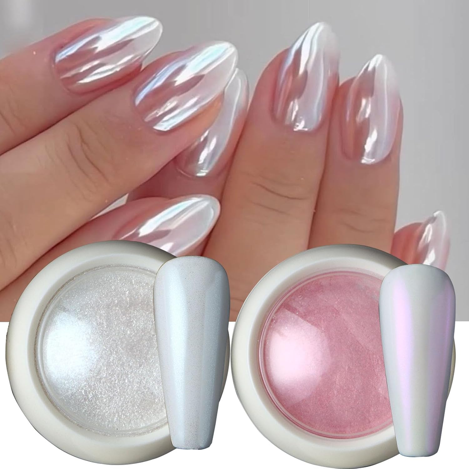 2 Box Pearl Chrome Nail Powder Set, Pearlescent White and Pink Metallic Mirror Effect Pigment, Holographic Shimmer Glitter Dust, Nail Art Decoration,with Sponge Applicators