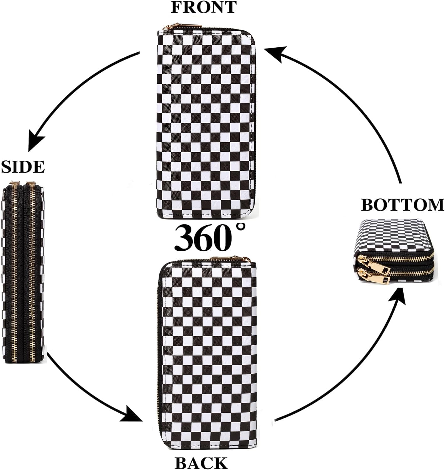 Checkered Wallets for Women Cute Large Capacity Black White Plaid Purse 2 Zippers Credit Card Holder (checkered)
