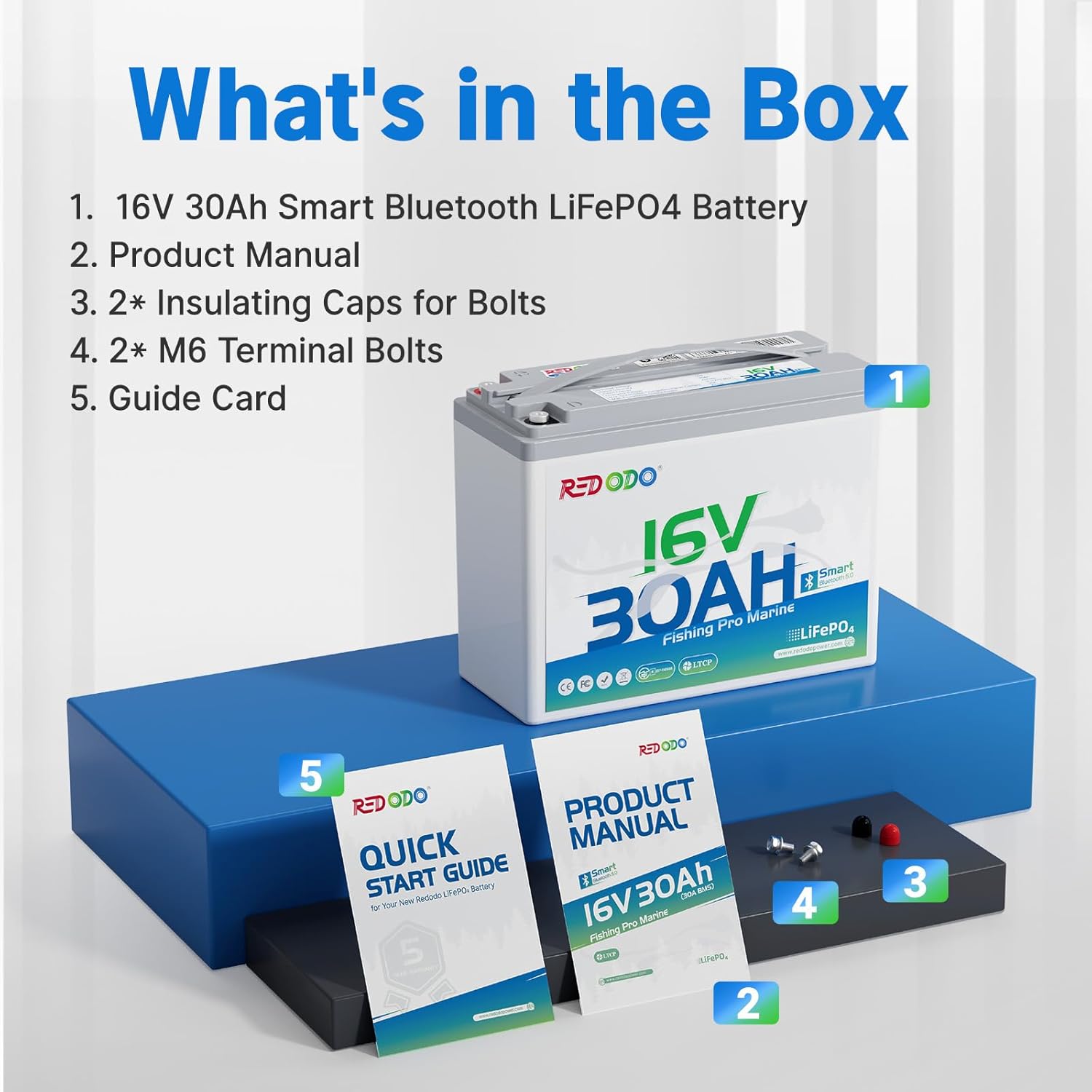 Redodo 16V 30Ah Lithium Marine Battery with Bluetooth, LiFePO4 Battery Built-in BMS, 4000+ Deep Cycle Rechargeable Lithium Battery, Perfect for Marine Devices such as Sonar, Radar, GPS, Fish Finder