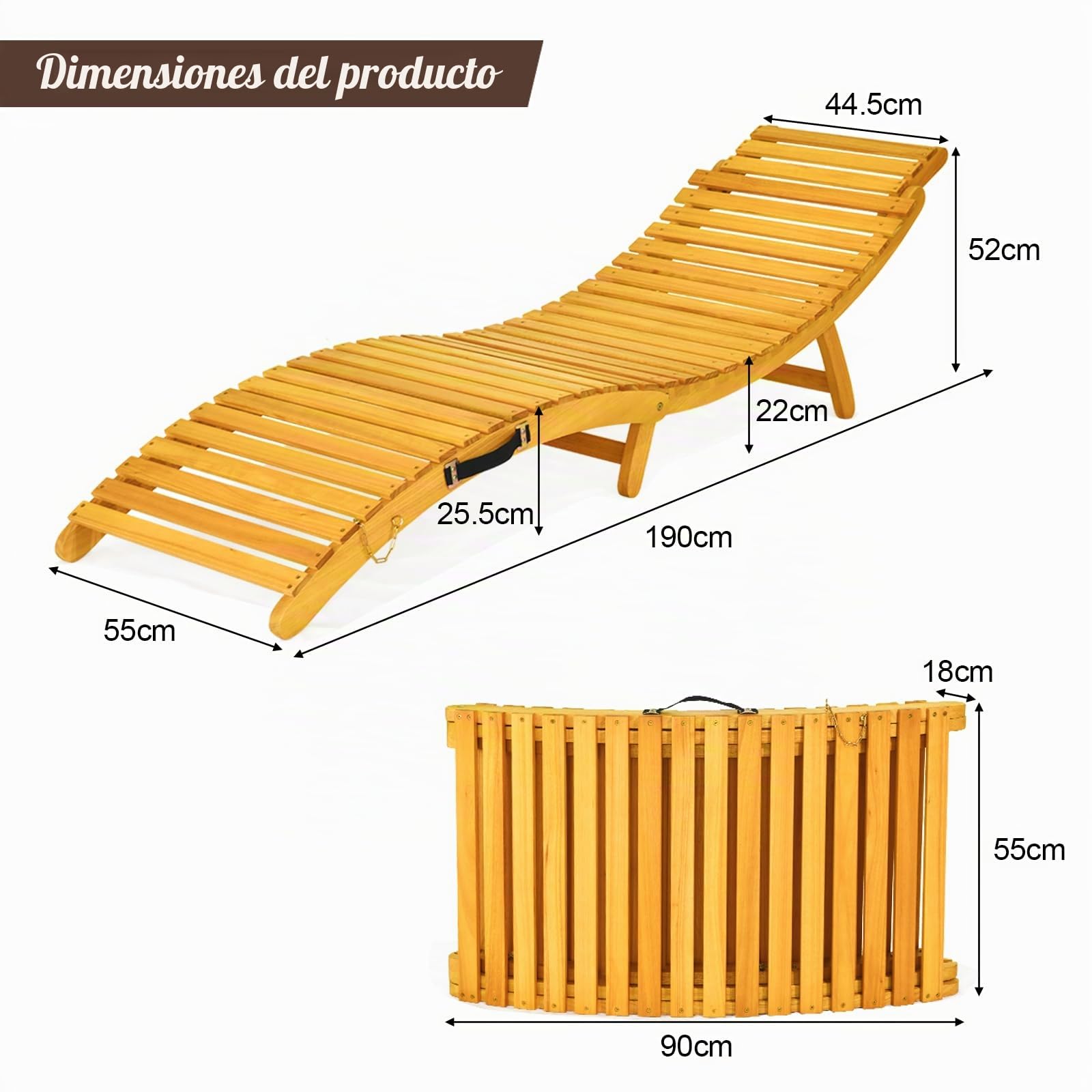 KOMFOTTEU Tumbona Plegable de Madera Reclinable con Cojín de Doble Cara | Sillón Reclinable con Asiento Acolchado Portátil, Silla Ergonómica para Jardín, Patio, Terreza, Carga 180kg, 190 x 55 x 52 cm