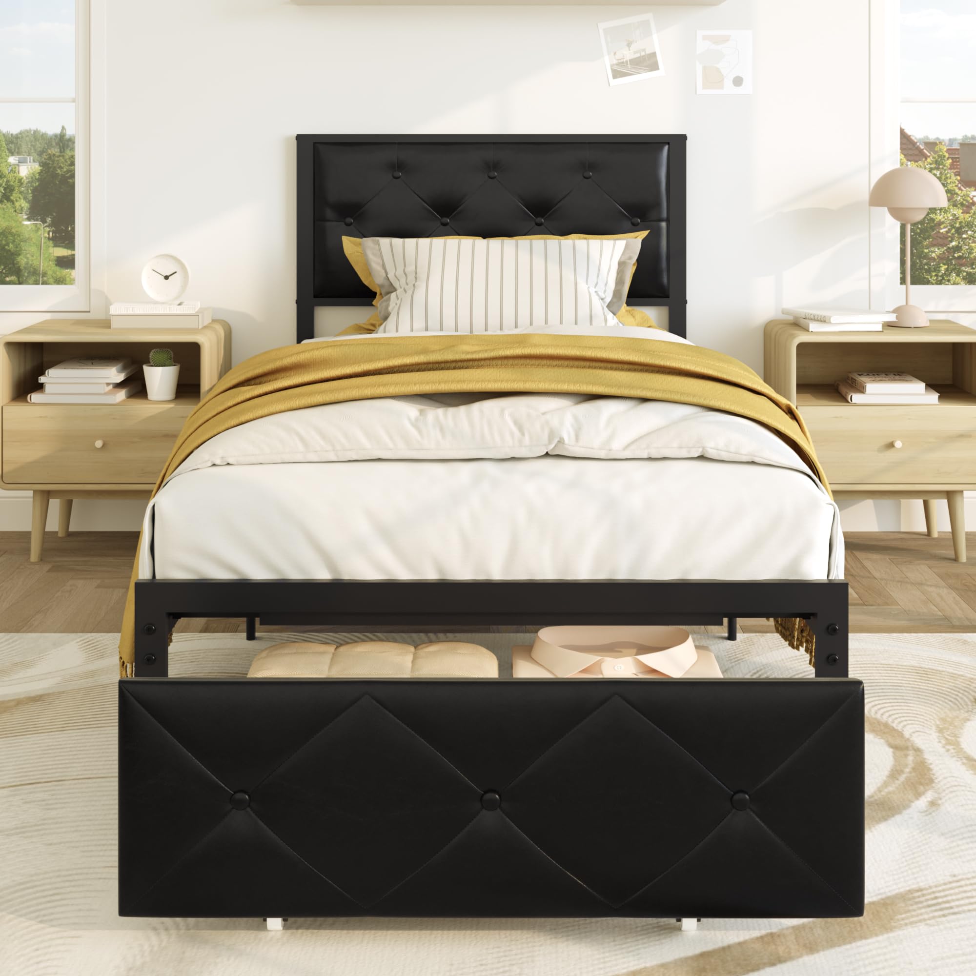 Struttura Letto Singolo, 90 x 200 cm, con stazione di ricarica e testa imbottita, struttura per letto con cestino, ruote in metallo, capacità di peso 300 kg