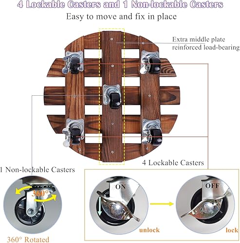 Miniatura 5 de Paquete de 2 organizadores para plantas con 5 ruedas, soporte rodante para plantas de 14 pulgadas + 12 pulgadas, 220 libras, de madera resistente,