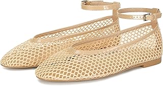 Wnshonzy Mesh Ballet Flats for Women Round Toe Buckle Strap Fishnet Mary Jane Flats Comfy Casual Office Womens Summer Flats Shoes