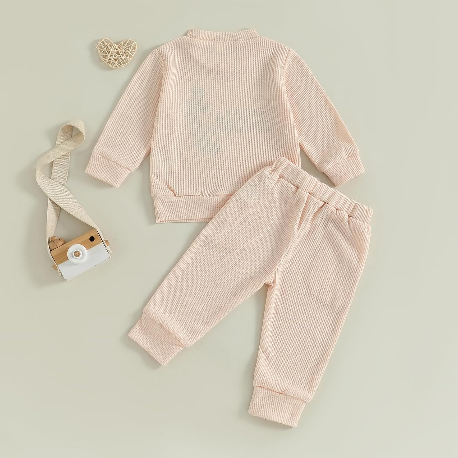 Gueuusu Toddler Baby Boy Girl Fall Outfit Letters Embroidery Long Sleeve Waffle Knit Sweatshirt and Pants Set - Image 4