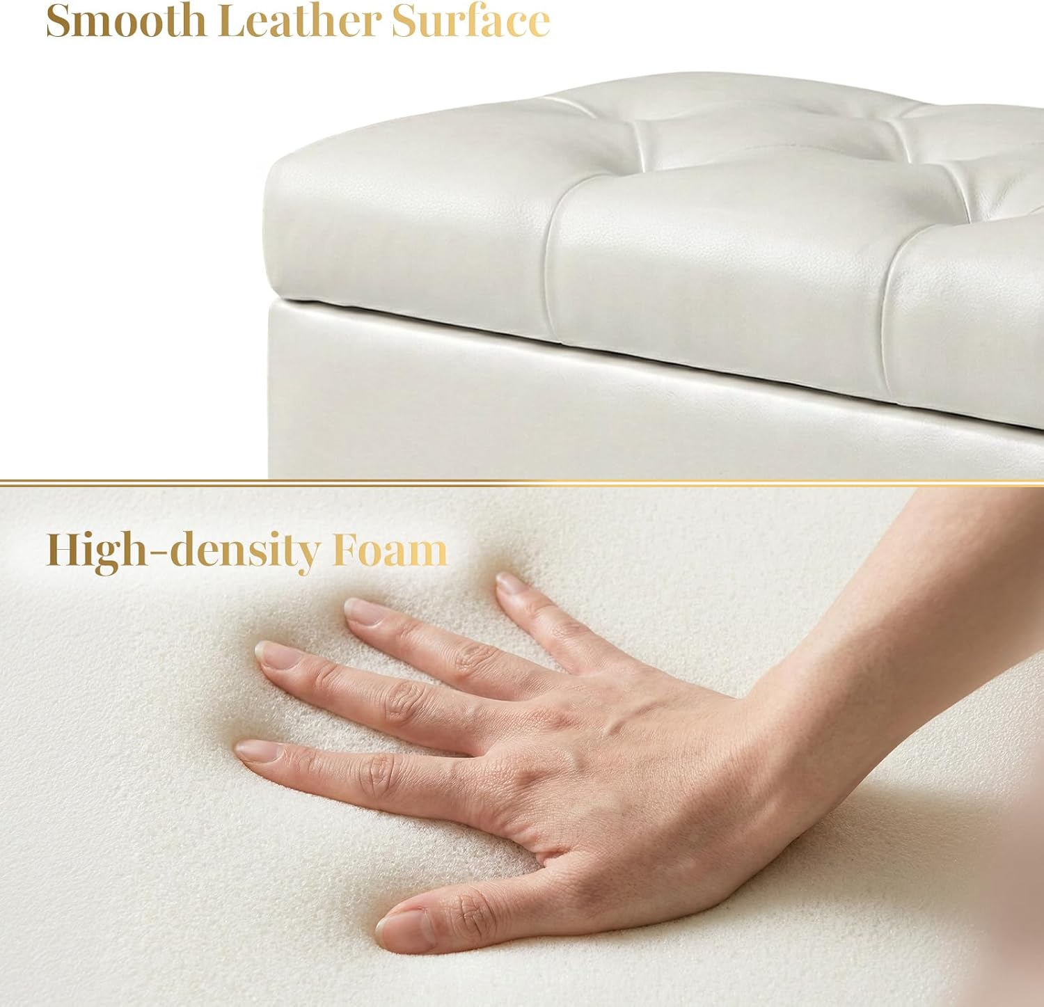 SNOWDROP 40" Upholstered Storage Bench – Ivory White End of Bed Bench with Gold Metal Legs, Button-Tufted Modern Faux Leather Ottoman Bench for Bedroom, Entryway & Living Room