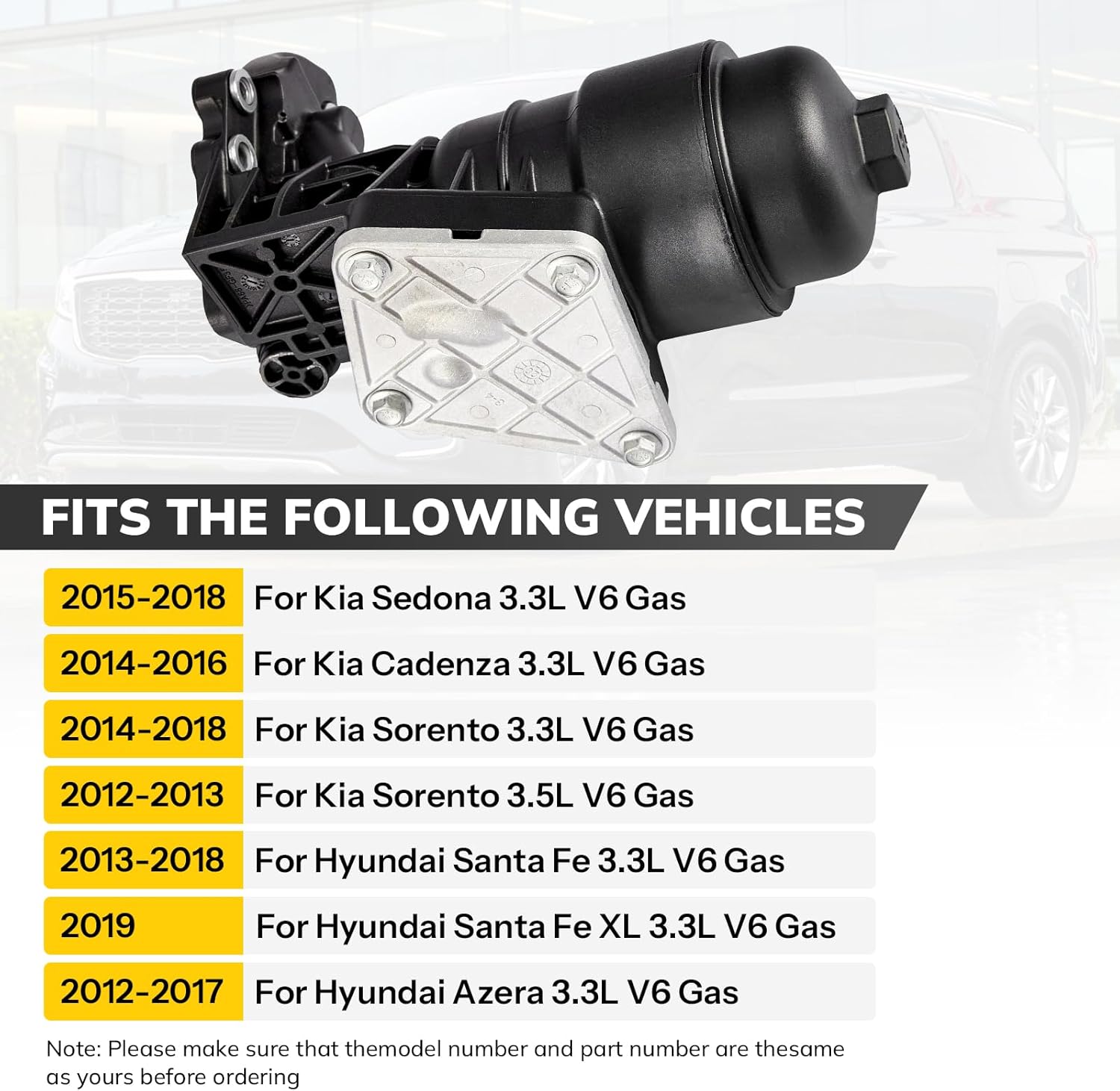 26300-3CAB1 Engine Oil Filter & Housing Assembly 26300-3CAB0 Compatible with Kia Sedona/Cadenza/Sorento, Hyundai Santa Fe/Santa Fe XL/Azera.