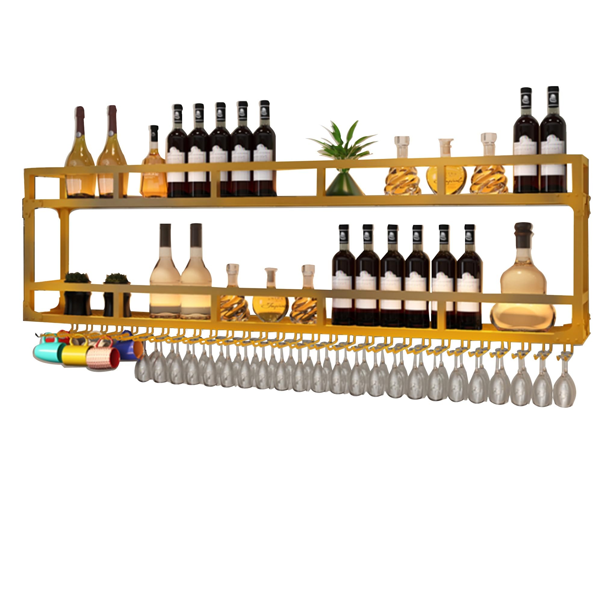 Wall Wine Rack Floating Bar Shelves Wall Mounted with LED Light Liquor Bottle Display Shelf with Hanging Wine Glass Rack Kitchen Wall Shelf Liquor