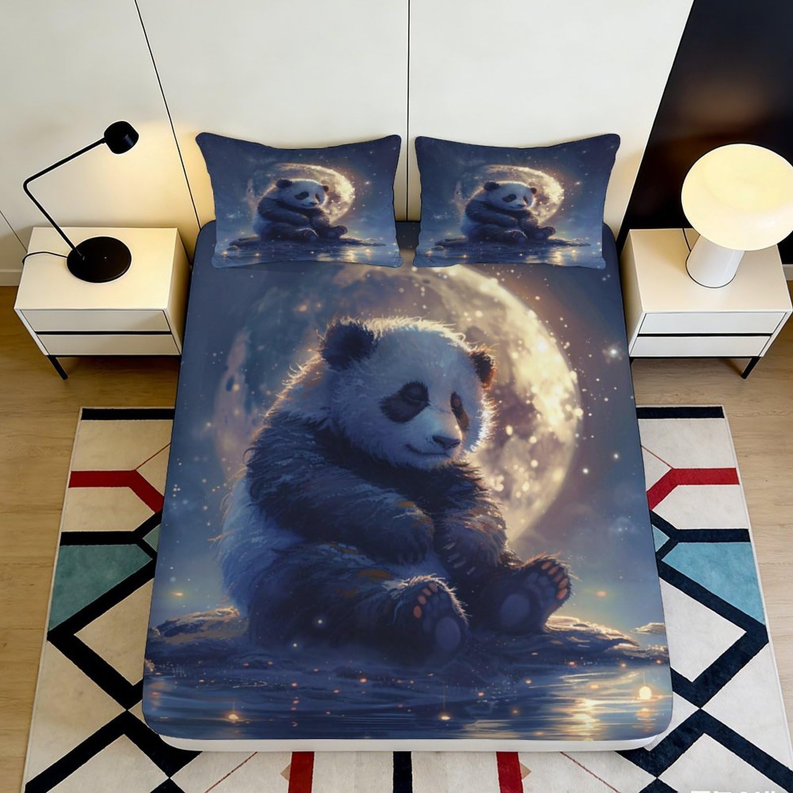 3D Printed Moonlight Panda Fitted Sheet Microfiber Soft Breathable Starry Night Bed Cover for Bedroom Dormitory Guest Room Mattress Protection Decor 120x200x25cm