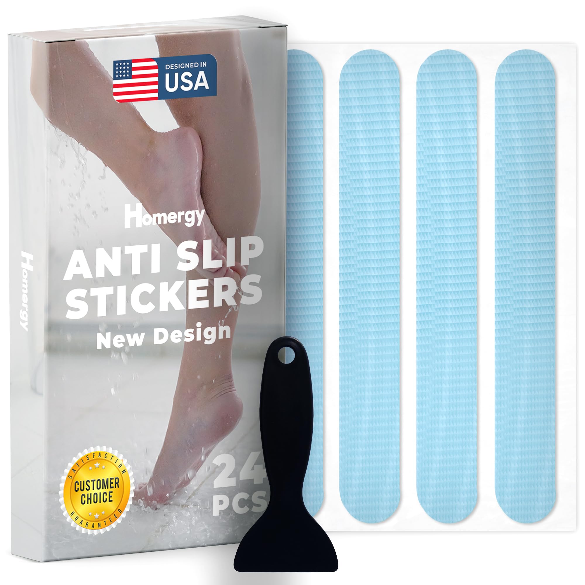 anti slip shower stickers 24 pcs, blue non-slip shower strips for adults, premium adhesive bath tub stickers