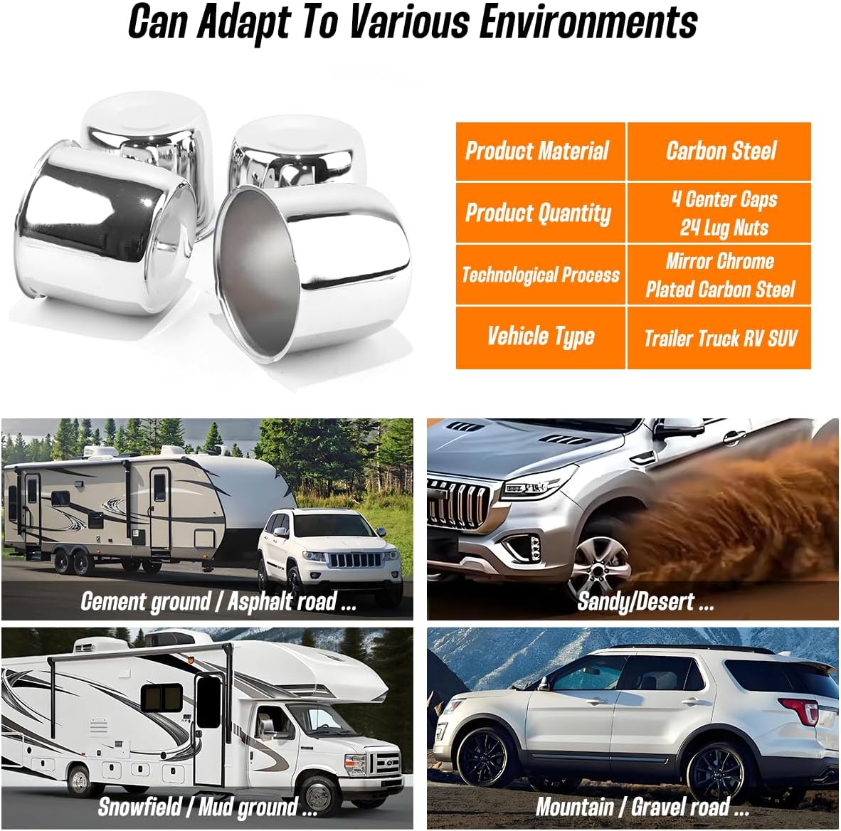 4-Pack Trailer Push Through Center Caps and Trailer Wheel Lug Sets - 4.25in Wheel Center Caps Chrome Wheel Cover Carbon Steel Hub Cap with 24 Chrome Capped 1/2-20 Lug Nuts for Truck RV