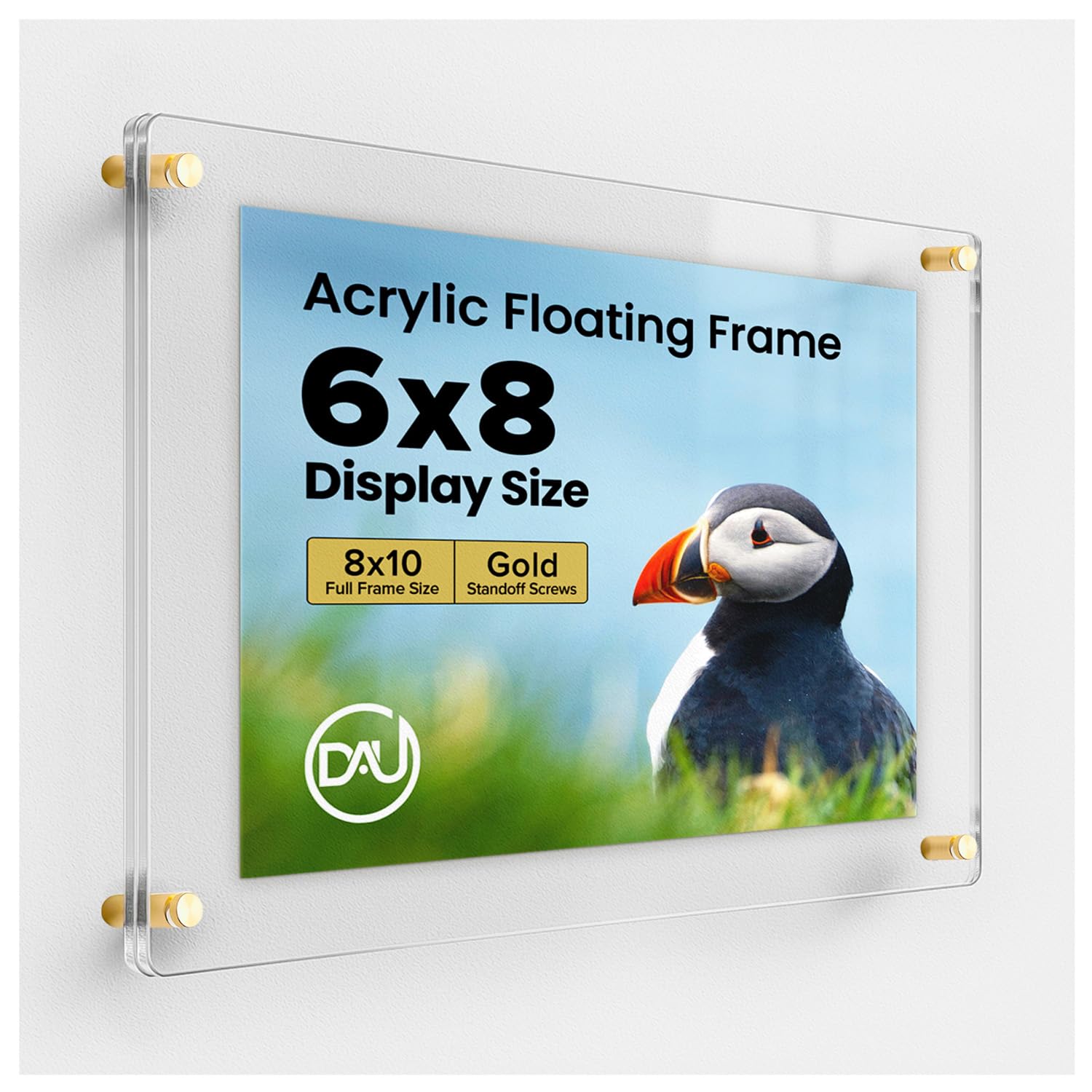 Acrylic Floating Frames Gold Standoffs(single) 6" x 8" Clear Acrylic Frames for Wall Mount Floating Picture Frame, Diploma Poster Certificate Hanging