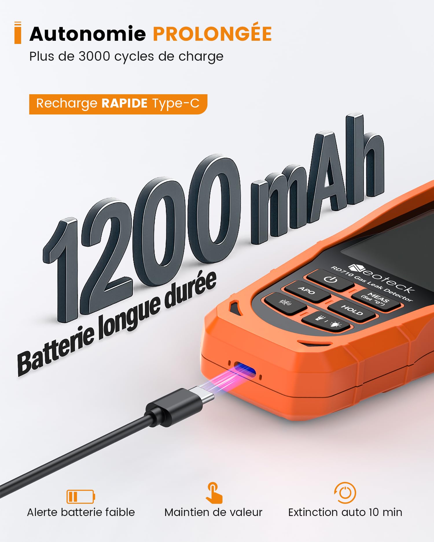 Neoteck Détecteur Fuite Gaz Rechargeable – Gaz Combustible, Méthane, Propane, Gaz Naturel, 0-10000 ppm Écran LCD 2.9'' Haute Visibilité pour Détection Maison Chaudière Cuisine Camping-Car Bricolage