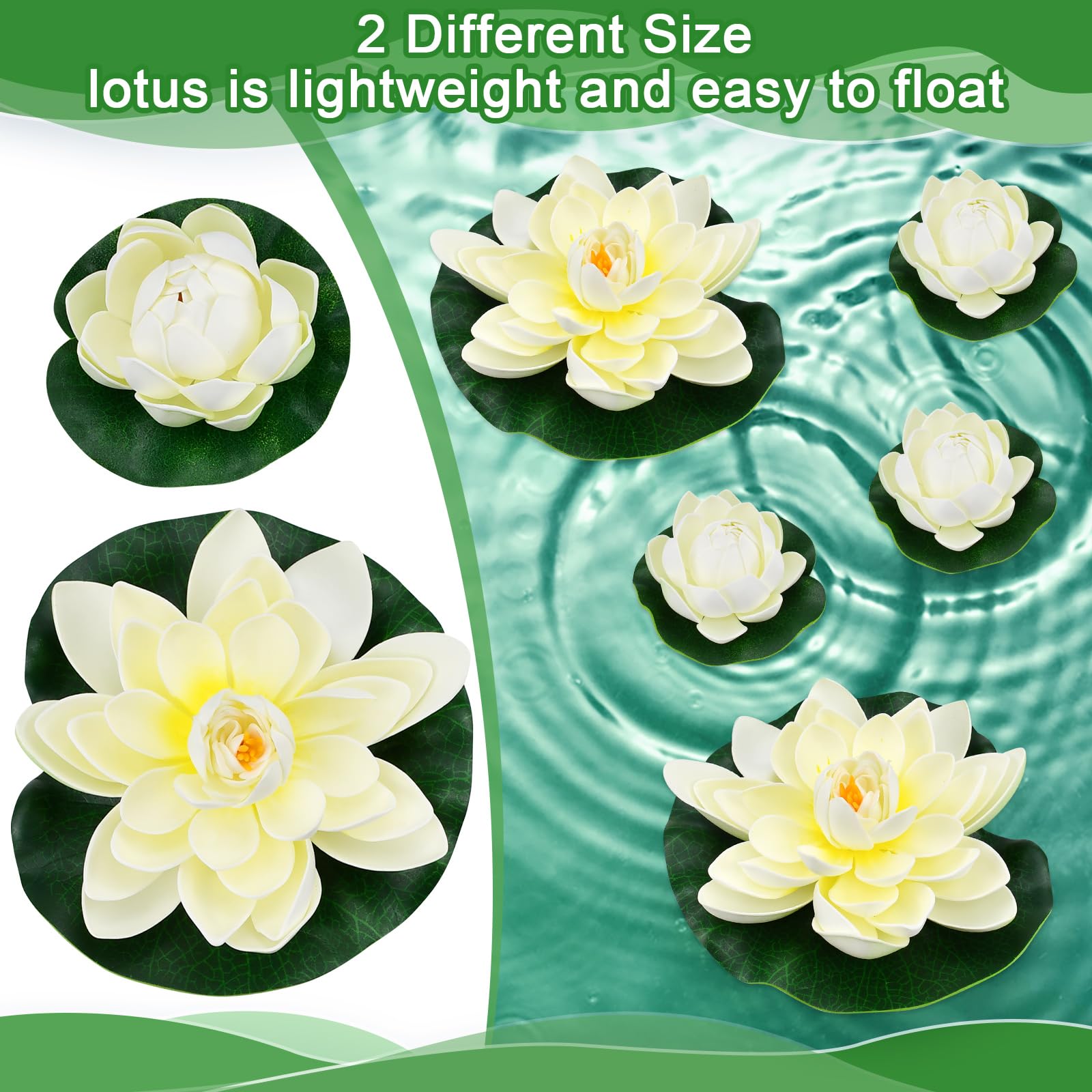 5 Fiori Galleggianti per Laghetti, Fiori di Loto Galleggianti 10 cm e 18 cm Ninfee Artificiali Bianche in Schiuma Eva per Decorazione Acquario Terrazza Giardino Piscina