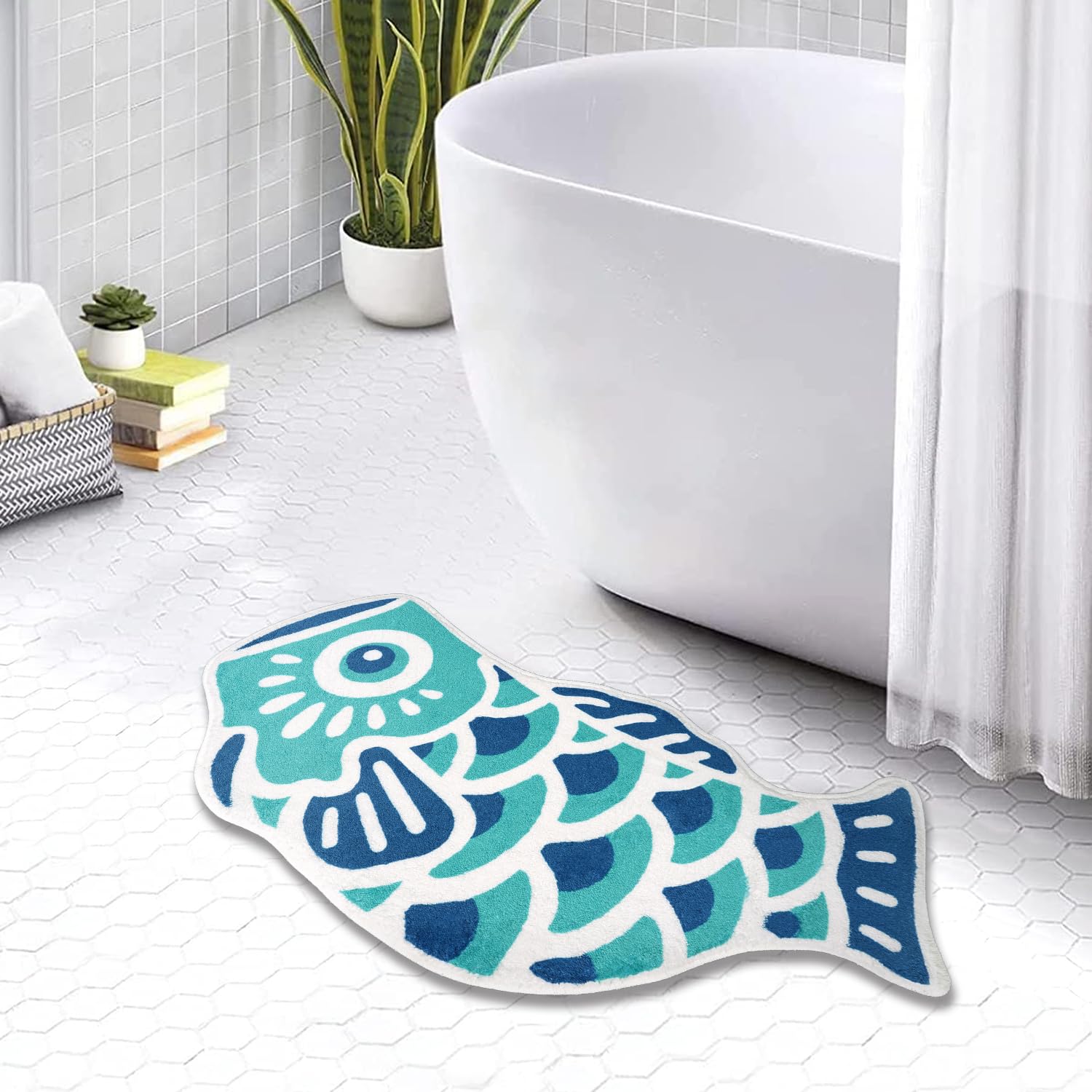 Kitcmat Cute Fish Bath Mat Non-Slip Absorbent Bathroom Rug in Japanese Koi Flag Shape Funky Soft Washable Bath Mat for Bathroom, Shower, Room 17.7"