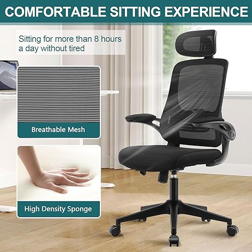Miniatura 5 de QY Silla de oficina ergonómica de malla, silla de escritorio con respaldo alto con brazos abatibles 2D, reposacabezas, silla de escritorio para